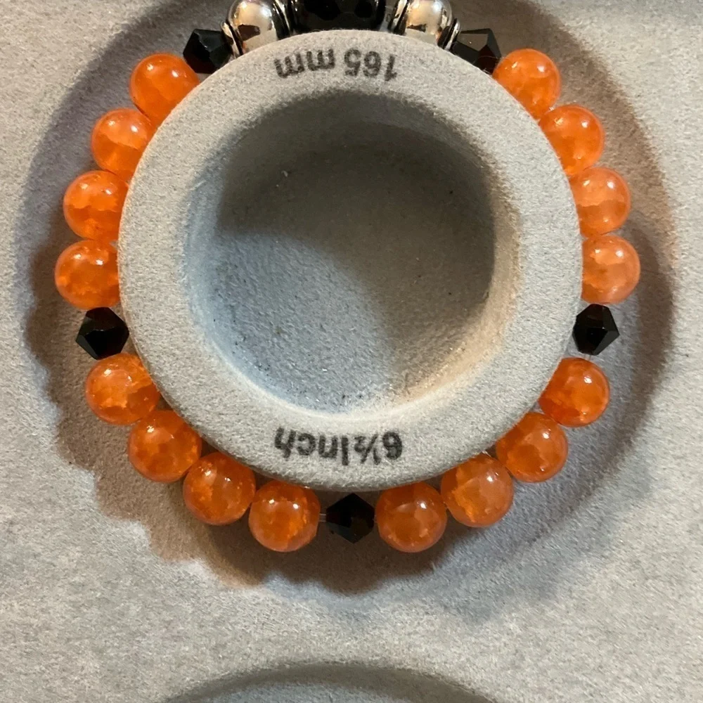 Hand Crafted Bracelet Beaded Stretch Orange Black Silver Stainless Steel